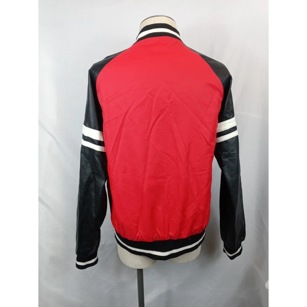 Mens Bomber Jacket sz Large Red Black Faux Leather Sleeve Varsity Full Zip Lined